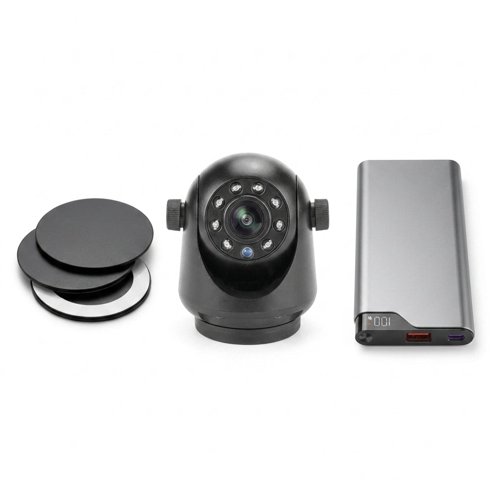 Manewise camera, mount plates, and power bank arranged together