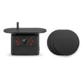 Manewise solar camera beside three round adhesive mount plates