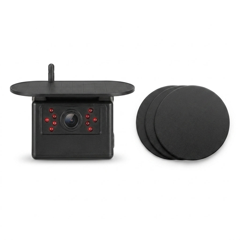 Manewise solar camera beside three round adhesive mount plates