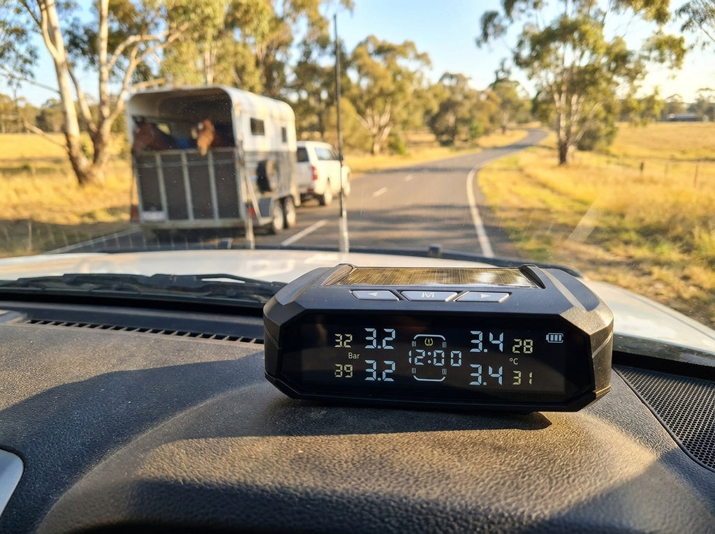 Horse Float Tyre Pressure Monitor — Solar Wireless TPMS (4 Sensors)