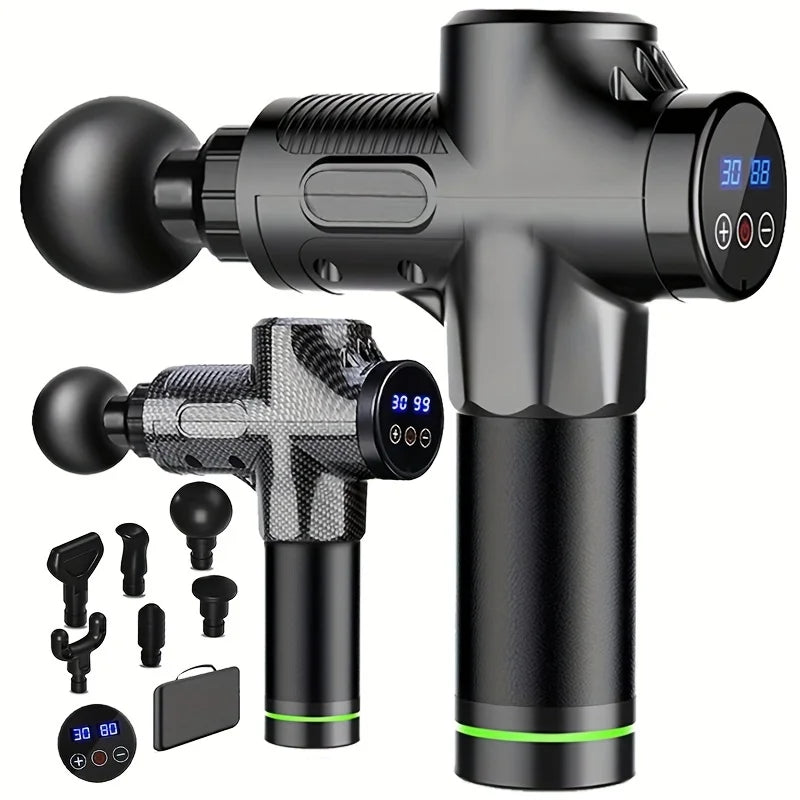 Manewise recovery massager in black and carbon-fiber colors with attachment heads
