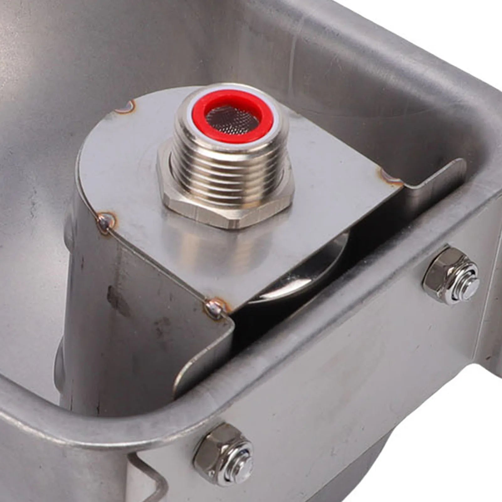Close-up of Manewise stable waterer valve and mounting bolts