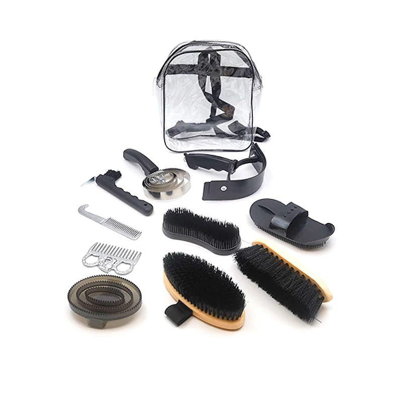 Manewise grooming kit in clear backpack case with brushes and tools visible
