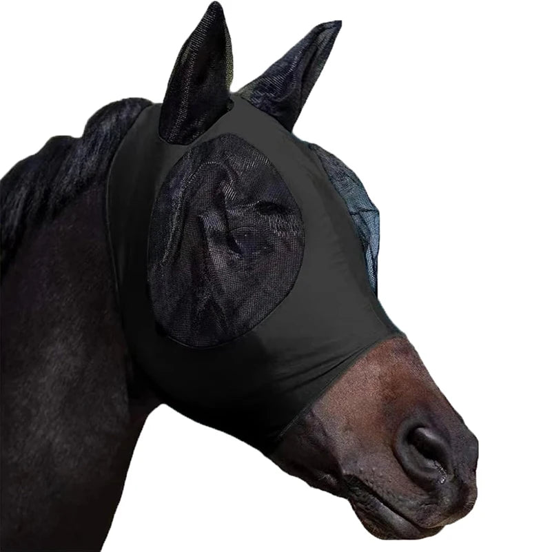 Manewise fly mask with ears on black horse, white background