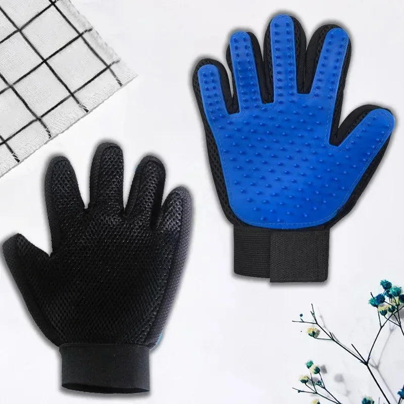 Pair of Manewise grooming gloves showing blue palm and black back