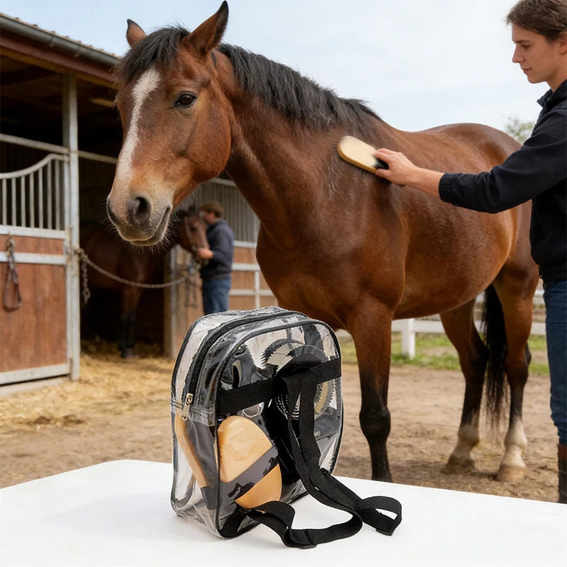 Manewise grooming kit backpack case, angled view showing tools through clear PVC