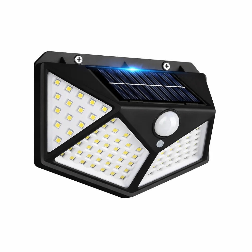 Manewise solar security light, angled view showing LED panels and solar panel