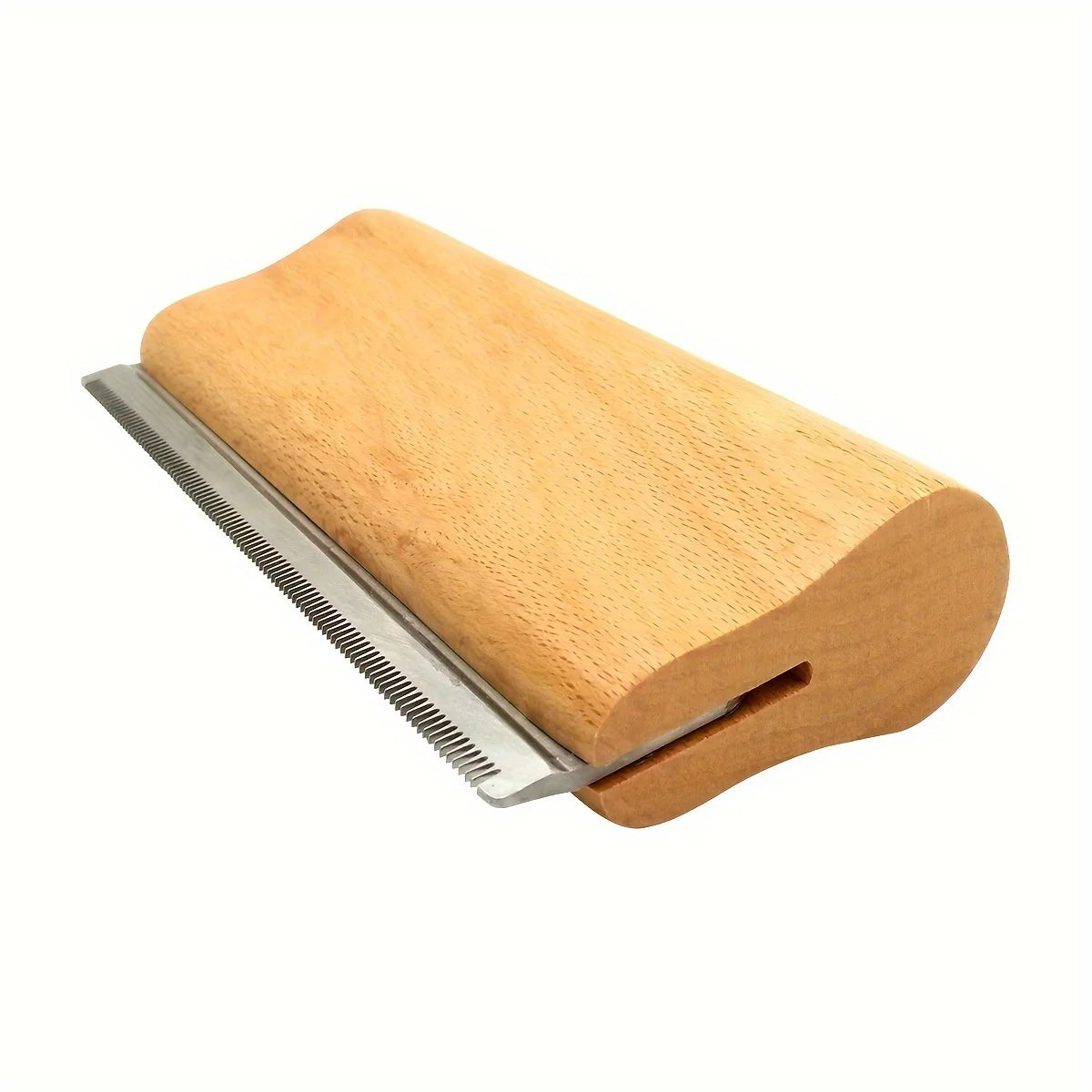 Manewise wooden curry comb, angled view of metal shedding teeth