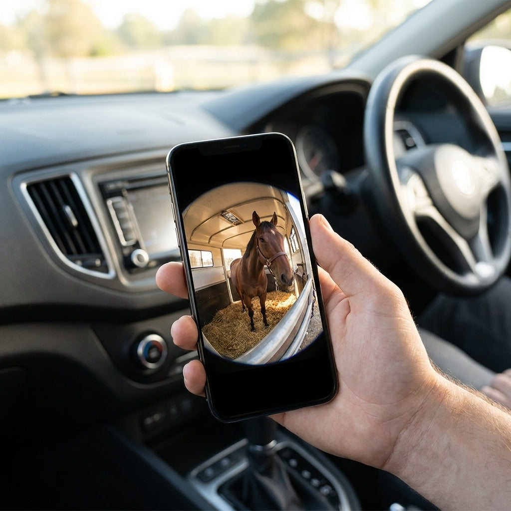 Live view of horse in float on a smartphone held in the tow vehicle